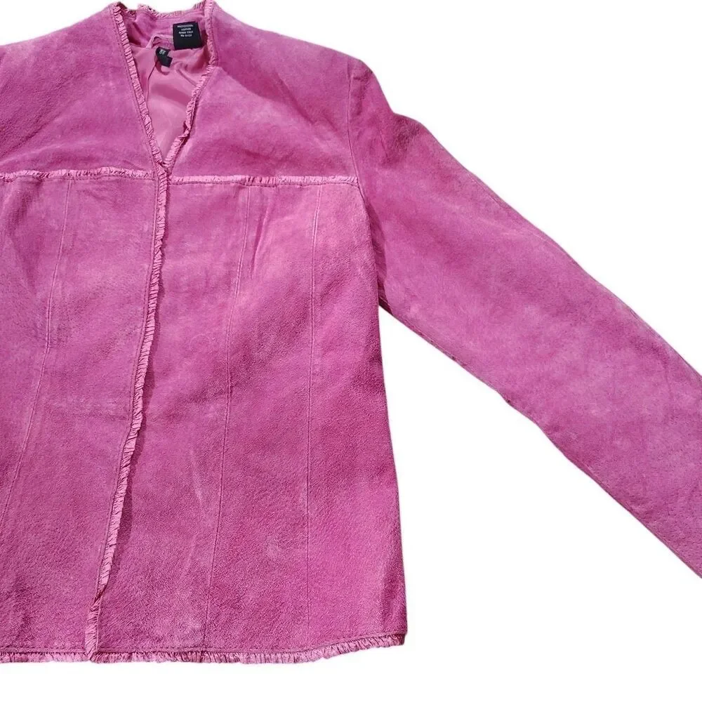 Pink Ruffle Suede Jacket Petite Size M Fitted Hook Front Y2K Feminine Soft Girl - Picture 3 of 8